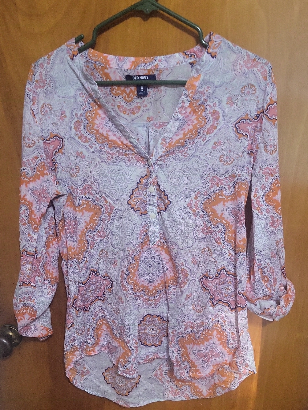 Old Navy Orange and White Paisley Henley Tunic- Womens Medium